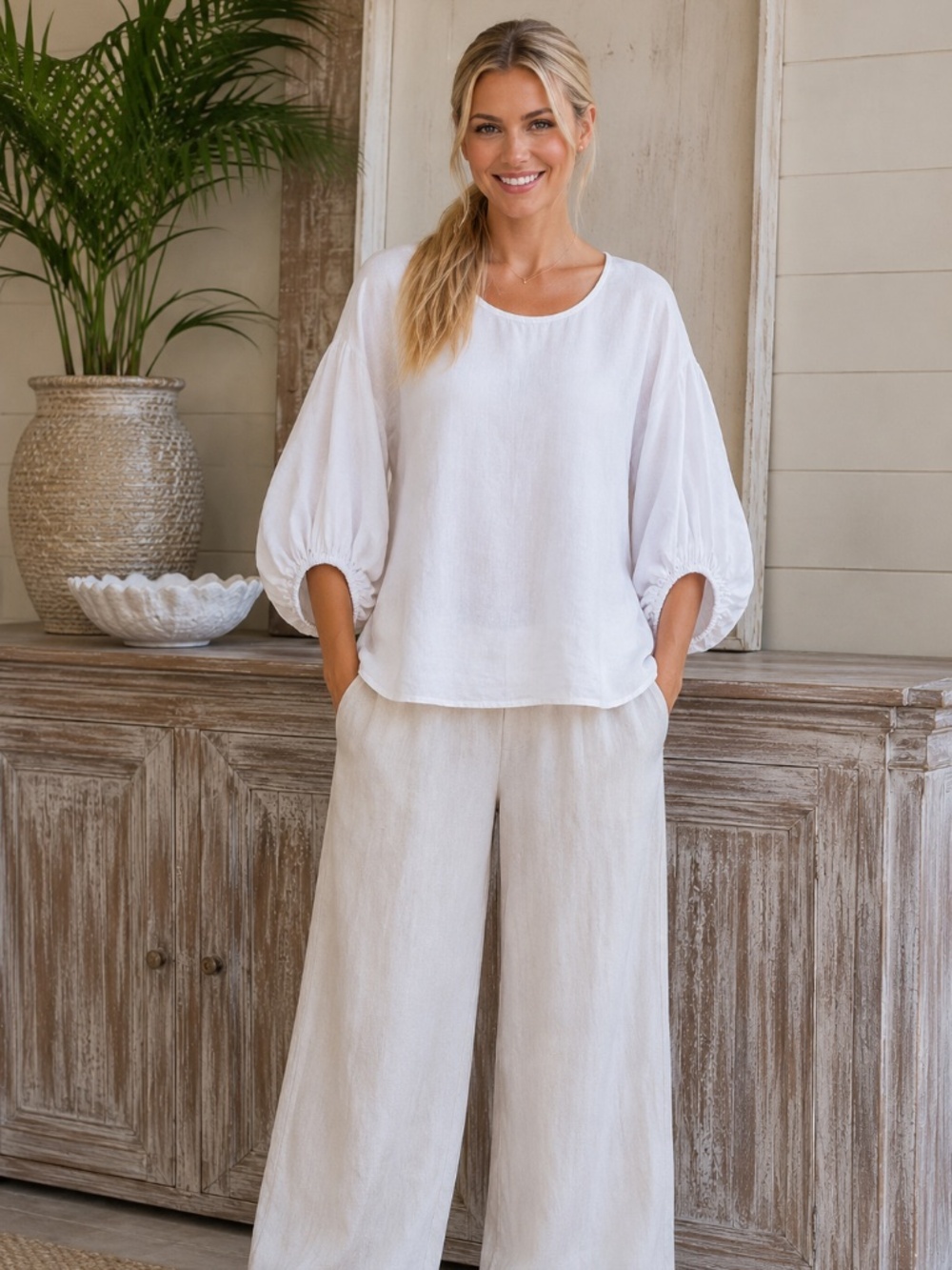 White 100% Linen Blouse Statement Ruched Cutout Sleeves Relaxed Boho Top